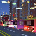 Colorful Furniture Stalls With Cartoon Patterns And Red Lanterns Along Residential Street