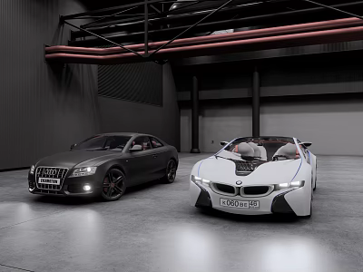 Black Audi Coupe and White BMW i8 Concept Cars in Industrial Garage Space 3d model