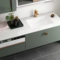 Modern Gray Washbasin Vanity With Mirror Marble Countertop Gold Faucet Green Plant And Wall Lamp