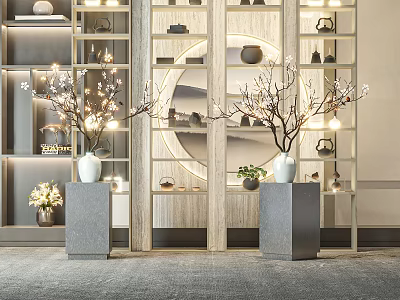 Elegant Potted Bonsai Plant in White Vase on Stone Pedestal with Indoor Lighting and Wooden Screen 3d model