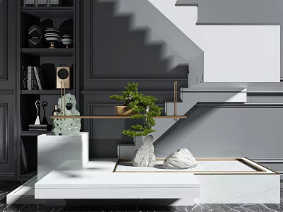 Modern Staircase Interior Design With Potted Plant Golden Railing And Marble Accents 3d model