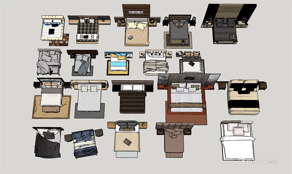 Various Double Bed Designs with Different Styles Headboards Mattresses and Bedding Elements 3d model