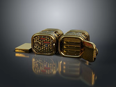 Lifestyle Essentials Golden Decorative Boxes With Intricate Patterns Text And Partially Open Design 3d model