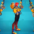 Red Haired Character and Fish Shaped Creature in Vibrant Yellow Blue Outfits Holding Blasters Standing
