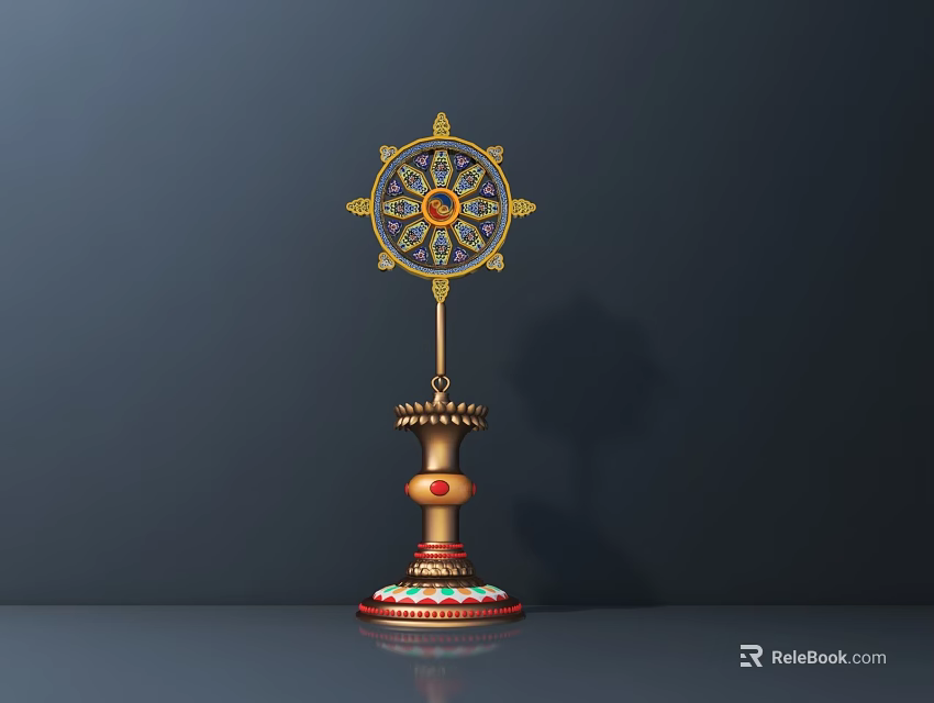 Exquisite Decorative Ornament Set Featuring Wheel Shaped Top And Colorful Inlaid Golden Base 3d model 