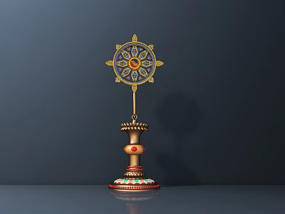 Exquisite Decorative Ornament Set Featuring Wheel Shaped Top And Colorful Inlaid Golden Base 3d model