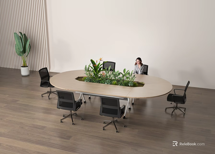 Oval Conference Table In Modern Office Setting With Central Green Plants And Black Chairs 3d model 