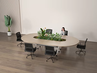 Oval Conference Table In Modern Office Setting With Central Green Plants And Black Chairs 3d model
