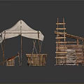 Handmade Wooden Craft Stall With Baskets Shelves Cloth Cover And Tools