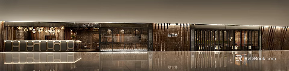 Modern Mall Store Exterior Featuring Perforated Metal Wall Illuminated Display And Polished Floor 3d model 