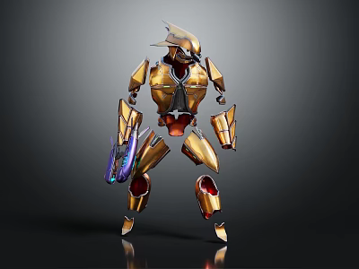 Smart Machine Golden Mech Style Armor With Weapon Components And Reflective Surface 3d model