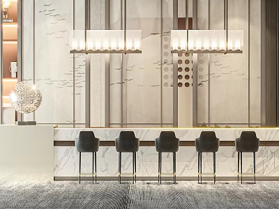 Elegant Modern Hotel Lobby Interior With Hanging Chandeliers Marble Counter And Black Stools 3d model