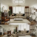 Warm Living Room Interior With Fireplace Chandelier Sofa Coffee Table And Green Plants