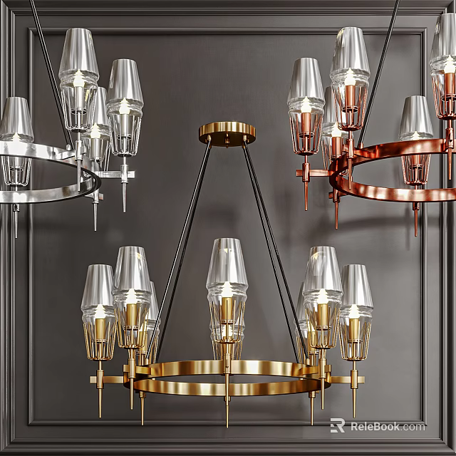 Modern Circular Chandeliers With Glass Lampshades And Metal Frames In Gold Copper Silver 3d model 