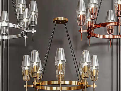 Modern Circular Chandeliers With Glass Lampshades And Metal Frames In Gold Copper Silver 3d model