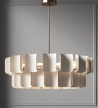 Elegant Modern White Chandelier With Circular Layered Shades And Warm Glow 3d model