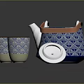 Elegant Blue And White Geometric Pattern Teapot With Orange Handle And Two Cups