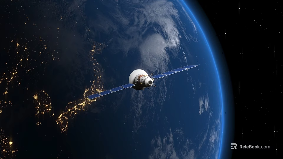 Satellite Orbiting Earth in Space with Visible City Lights and Blue Atmosphere 3d model 