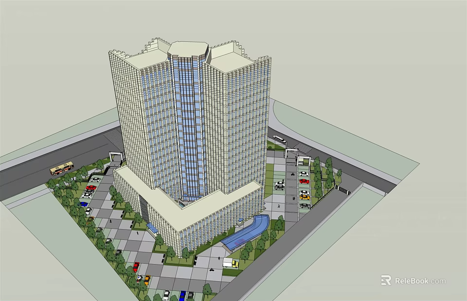 Modern High Rise Office Building With Glass Facade Surrounding Parking Lot And Landscaped Areas 3d model 