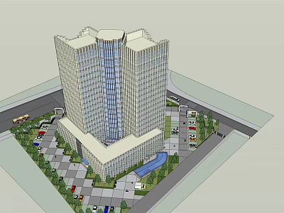 Modern High Rise Office Building With Glass Facade Surrounding Parking Lot And Landscaped Areas 3d model