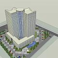 Modern High Rise Office Building With Glass Facade Surrounding Parking Lot And Landscaped Areas