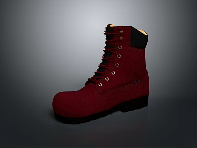 Red Leather High Top Work Boots With Lace Up Design Metal Eyelets And Black Sole 3d model
