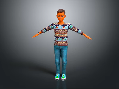 Man Wearing Colorful Patterned Sweater Blue Jeans Green Blue Shoes With Arms Outstretched Gray Background 3d model