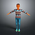 Man Wearing Colorful Patterned Sweater Blue Jeans Green Blue Shoes With Arms Outstretched Gray Background