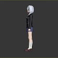 Anime Character With White Hair In Black Blazer Red Tie Blue Skirt And Red Shoes