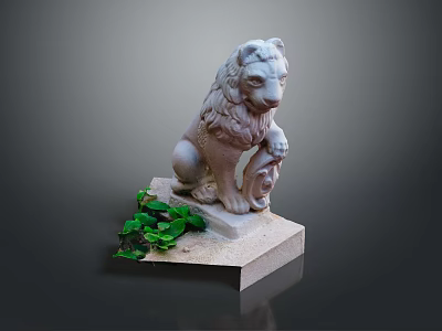 Detailed White Stone Lion Statue Sitting On Pedestal With Green Plants 3d model