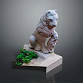 Detailed White Stone Lion Statue Sitting On Pedestal With Green Plants