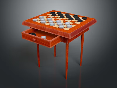 Wooden Chess Table With Drawer And Black White Chess Pieces On Top 3d model