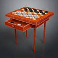 Wooden Chess Table With Drawer And Black White Chess Pieces On Top