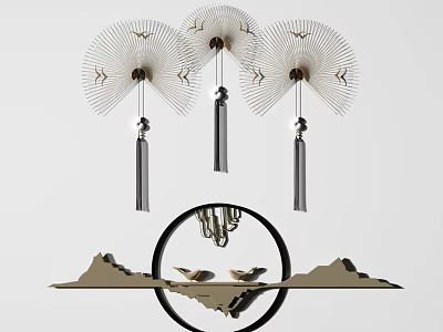 Modern Chinese Wall Decor With Fan Shaped Design Circular Frame Mountain Pattern And Bird Accents 3d model