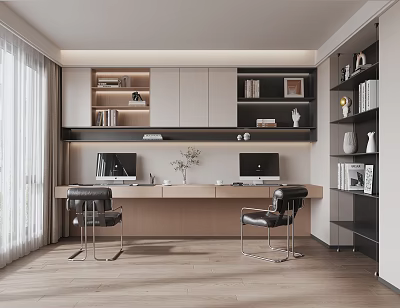 Modern Study Room With Desks Computers Chairs And Cabinets 3d model