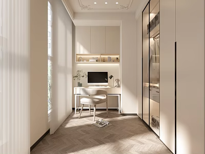 Modern Study Room Interior Design With Writing Desk Bookshelf Chair And Herringbone Floor 3d model
