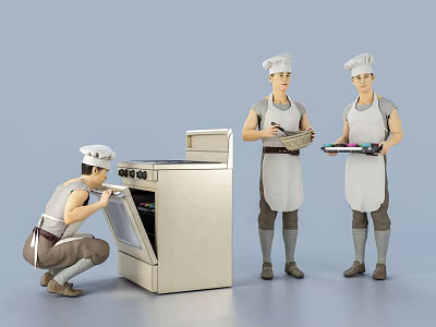 Men in Chef Uniforms and Hats Preparing at Oven and Holding Trays in Gray Background 3d model