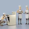 Men in Chef Uniforms and Hats Preparing at Oven and Holding Trays in Gray Background