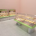 Modern Display Shelves with Multi Tiered Racks Glass Showcase Green Countertop and Decorative Plants
