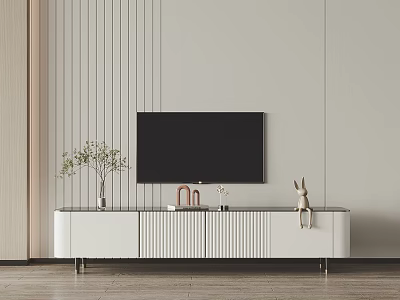 Modern White TV Stand in Living Room with Vertical Striped Wall Black Mounted TV and Decor Ornaments 3d model