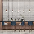 Modern Bar Counter Design with Hanging Lights Wine Bottles and Blue Stools