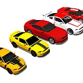 Multiple Colorful Sports Cars In Yellow Red White With Stripe Designs Parked In A Row