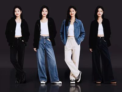 Four Women Posing In Stylish Outfits With White Tops And Different Bottoms On Dark Background 3d model