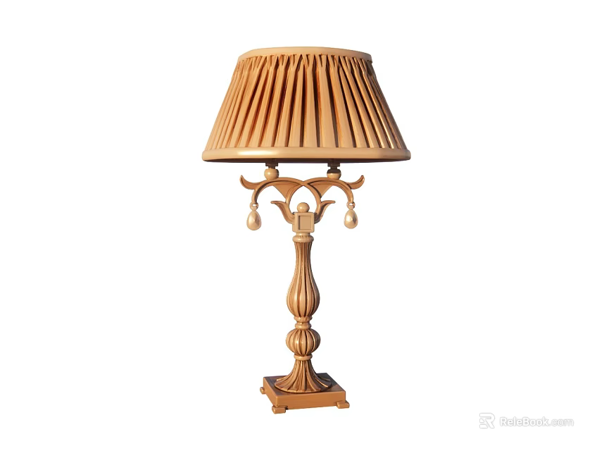 Classic Wooden Table Lamp With Pleated Light Brown Lampshade And Decorative Pendants 3d model 