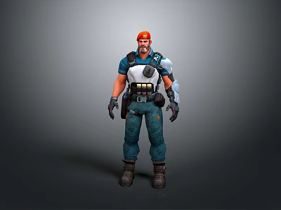 Male Game Movie Character With Red Hair Blue Tactical Outfit Shoulder Armor Backpack Gloves And Boots 3d model