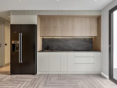 Modern Kitchen Interior With Wooden Cabinets White Lower Units Black Countertop And Refrigerator 3d model