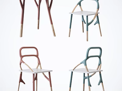Modern Dining Chair Set With Colorful Frames Curved Arms And Wooden Legs 3d model