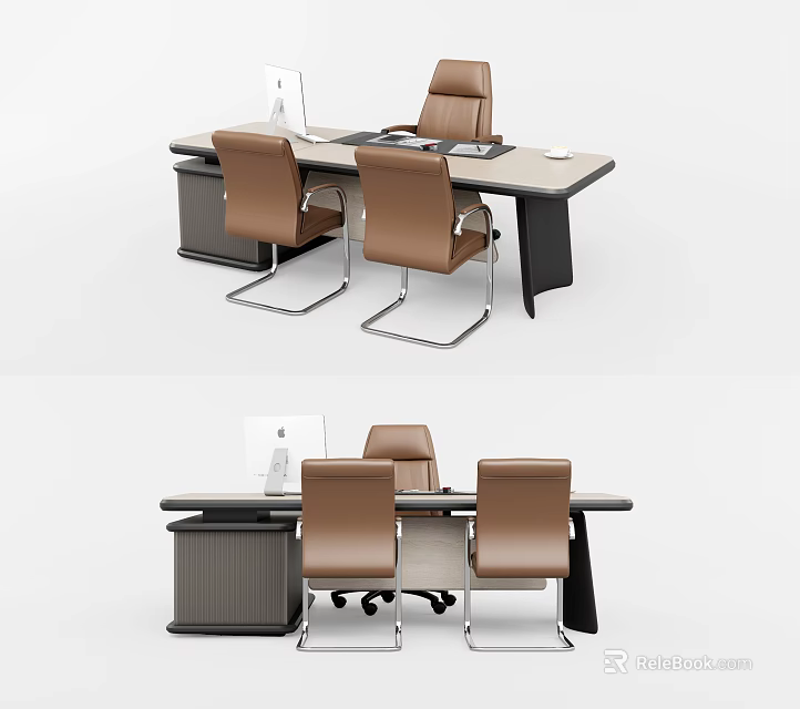 Modern Office Desk with Computer Monitor Brown Chairs and Drawer Cabinet 3d model 