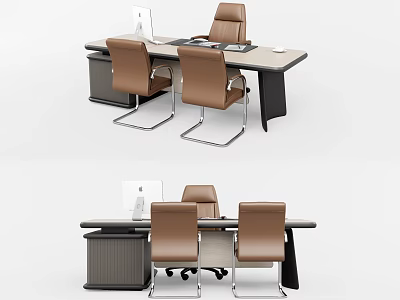 Modern Office Desk with Computer Monitor Brown Chairs and Drawer Cabinet 3d model