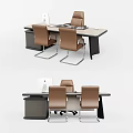Modern Office Desk with Computer Monitor Brown Chairs and Drawer Cabinet